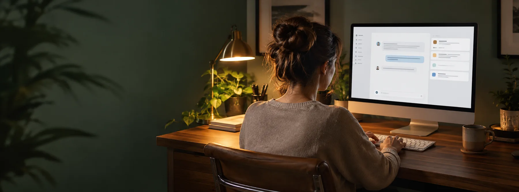 女生在電腦前使用 AI 工作介面