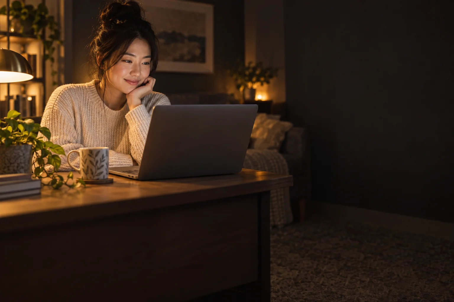 女生晚上在家用筆電閱讀的情境照