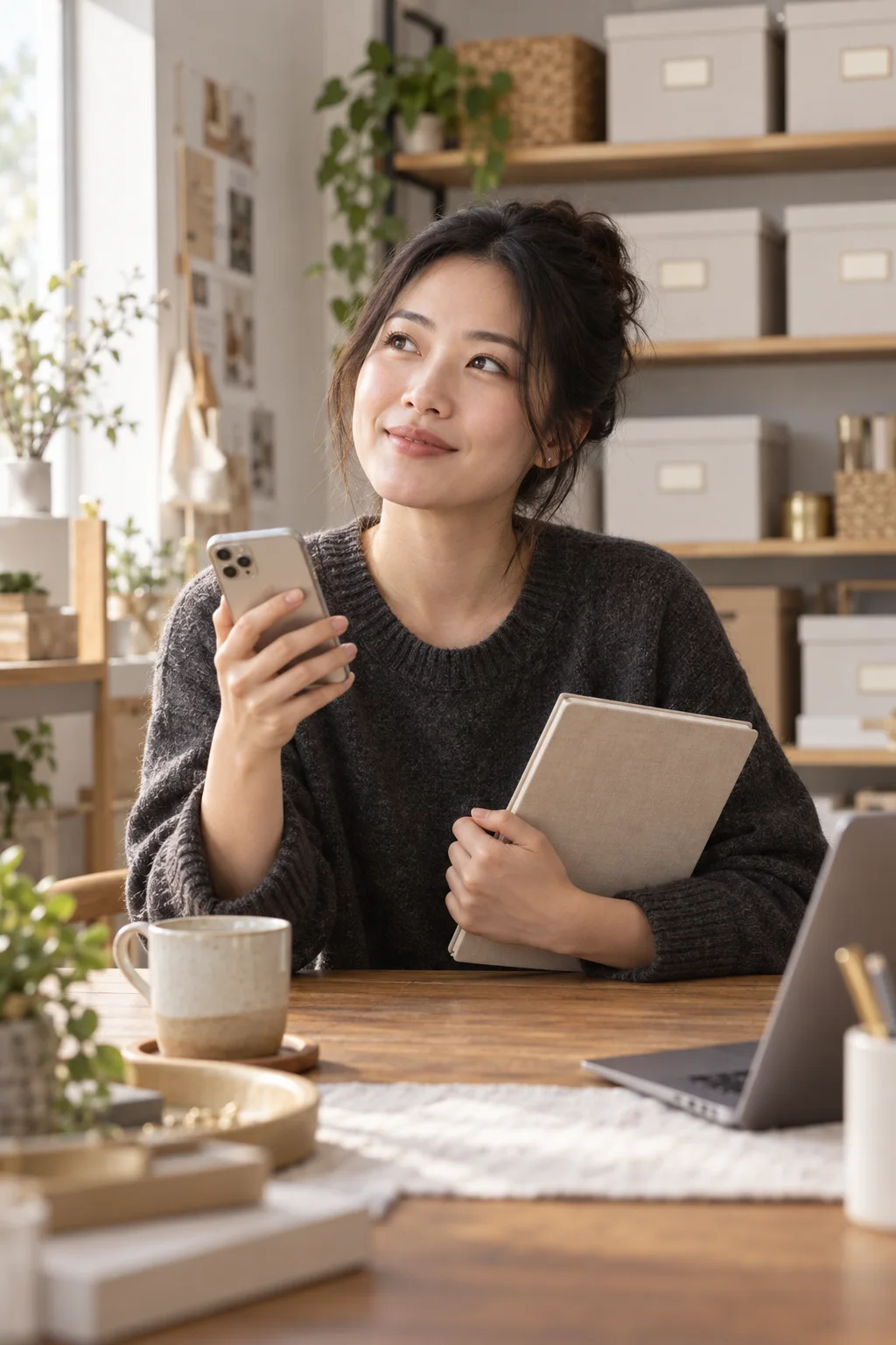 經營收納服務的女生拿著手機與筆記本思考的情境照