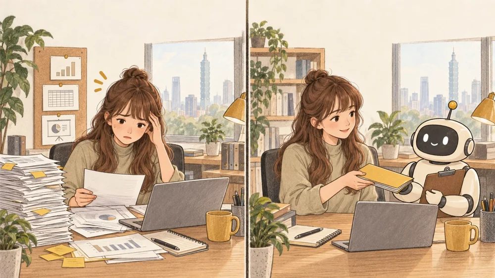左格是一位獨自被工作壓得喘不過氣的 Vivi；右格是 Vivi 把工作資料交給新到職的 AI Agent 同事，一起合作。
