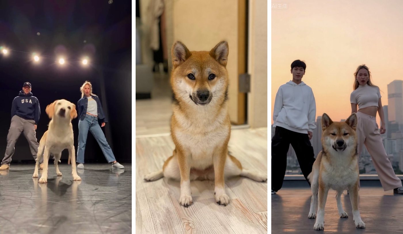 左：爆紅原片截圖；中：柴犬照片；右：可靈 AI 做出來的頂樓跳舞成品